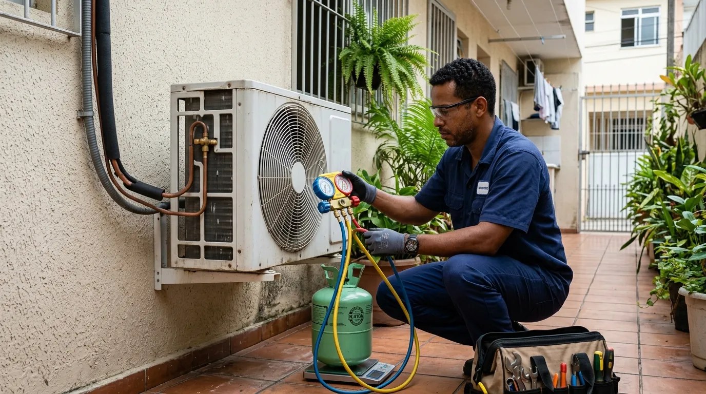 Técnico fazendo carga de gás na condensadora do ar-condicionado em Zona Sul de São Paulo‑SP