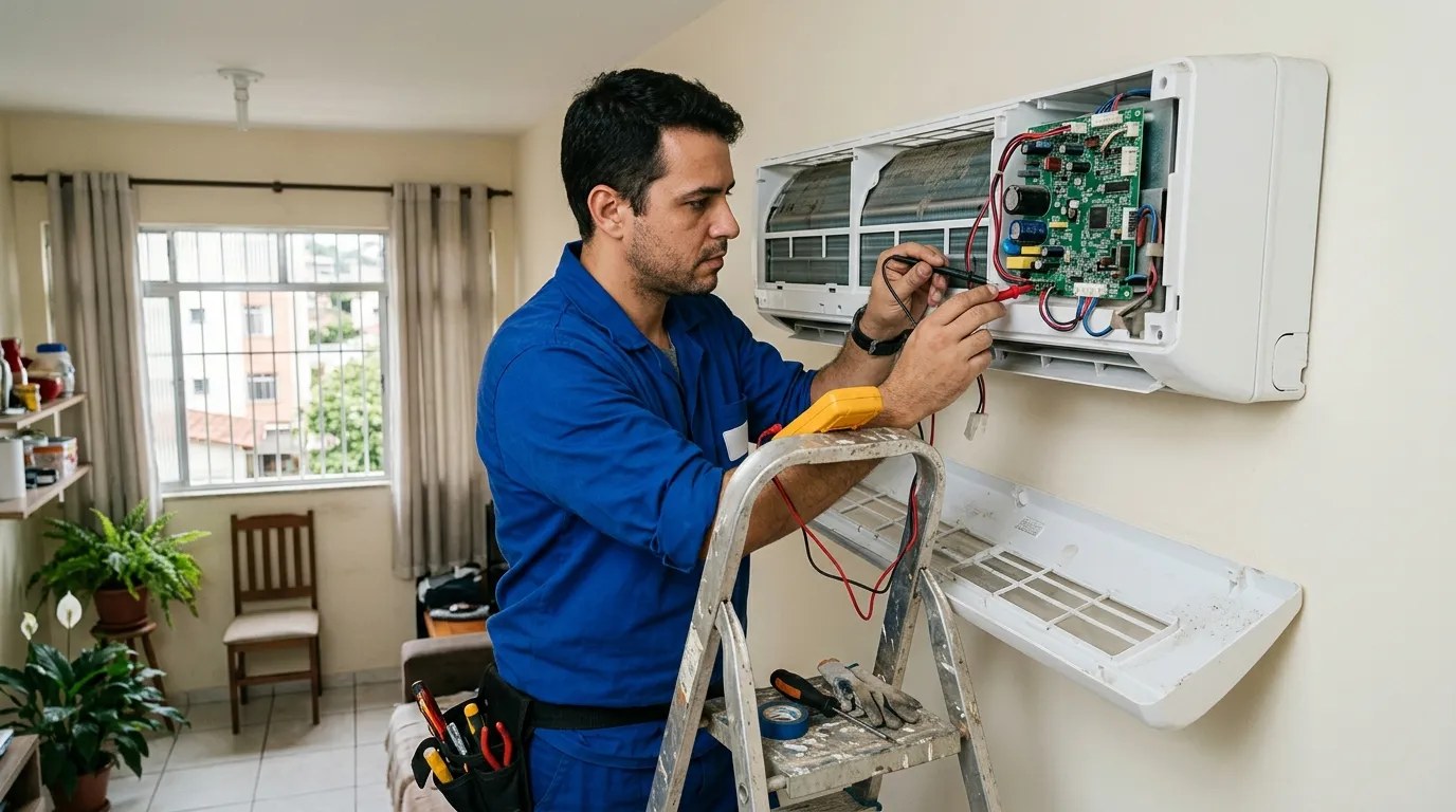 Técnico trocando a placa eletrônica de ar-condicionado split em Zona Sul de São Paulo‑SP