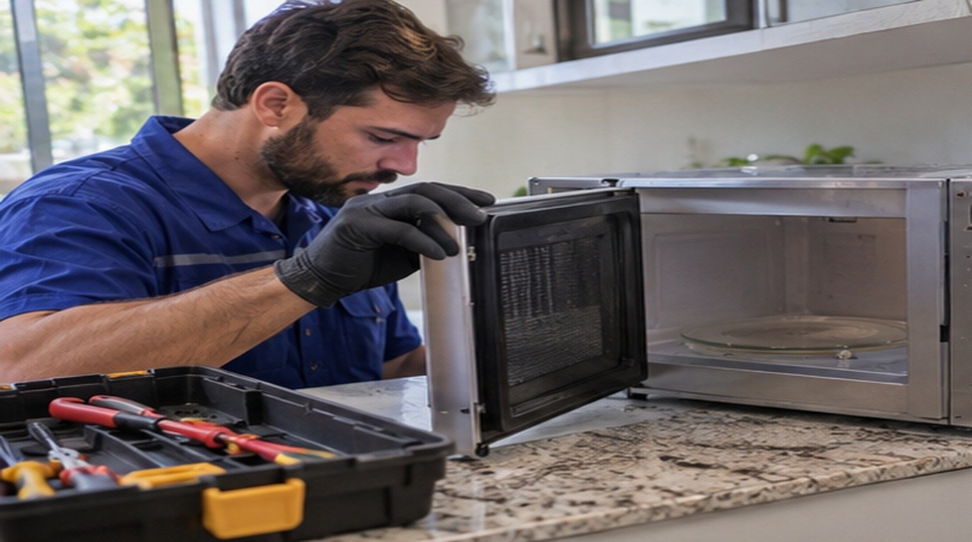 Conserto de micro-ondas em Zona Sul de São Paulo‑SP: técnico abrindo um micro-ondas de bancada