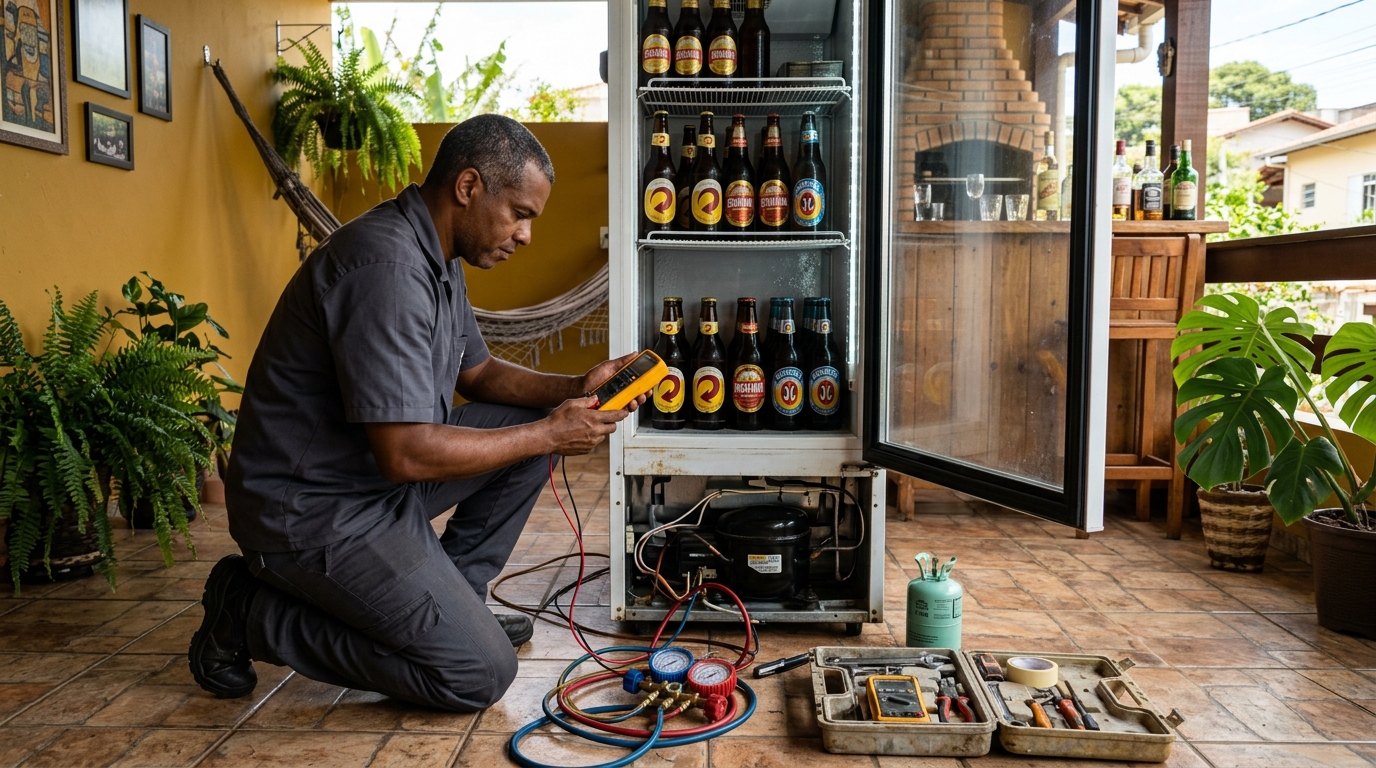 Placa eletrônica de cervejeira em reparo na bancada no Brooklin, Zona Sul de São Paulo‑SP