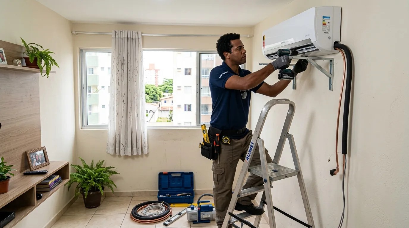 Técnico instalando ar-condicionado split em residência em Zona Sul de São Paulo‑SP