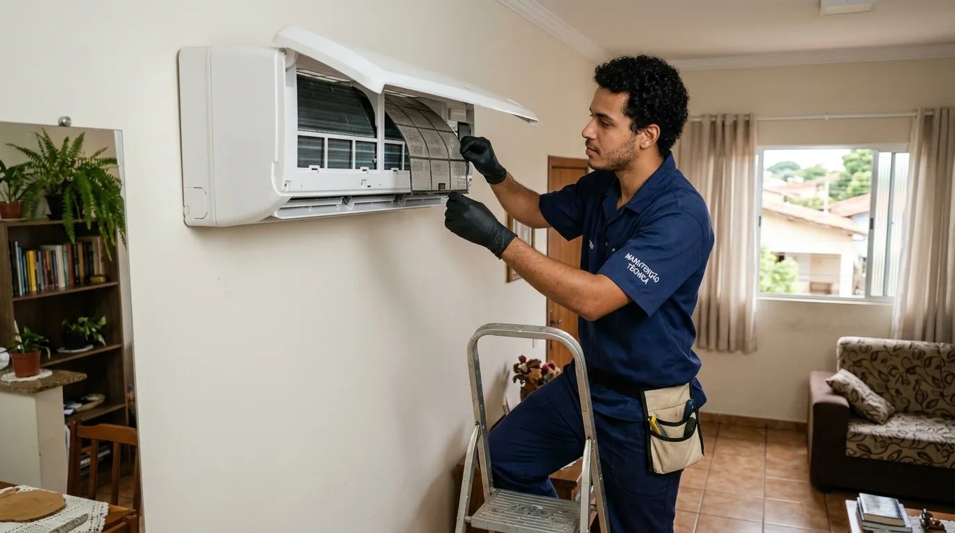 Técnico fazendo limpeza e higienização de ar-condicionado split em Zona Sul de São Paulo‑SP