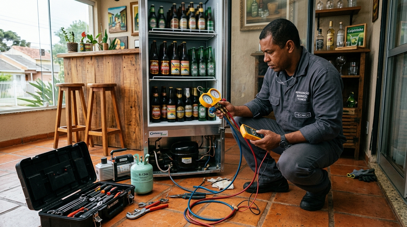 Técnico revisando o motor de uma cervejeira durante chamado no Brooklin, Zona Sul de São Paulo‑SP