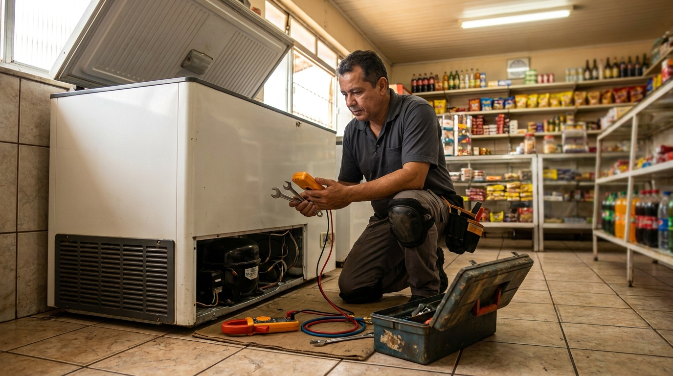 Técnico reparando o motor de um freezer horizontal na Zona Sul de São Paulo‑SP