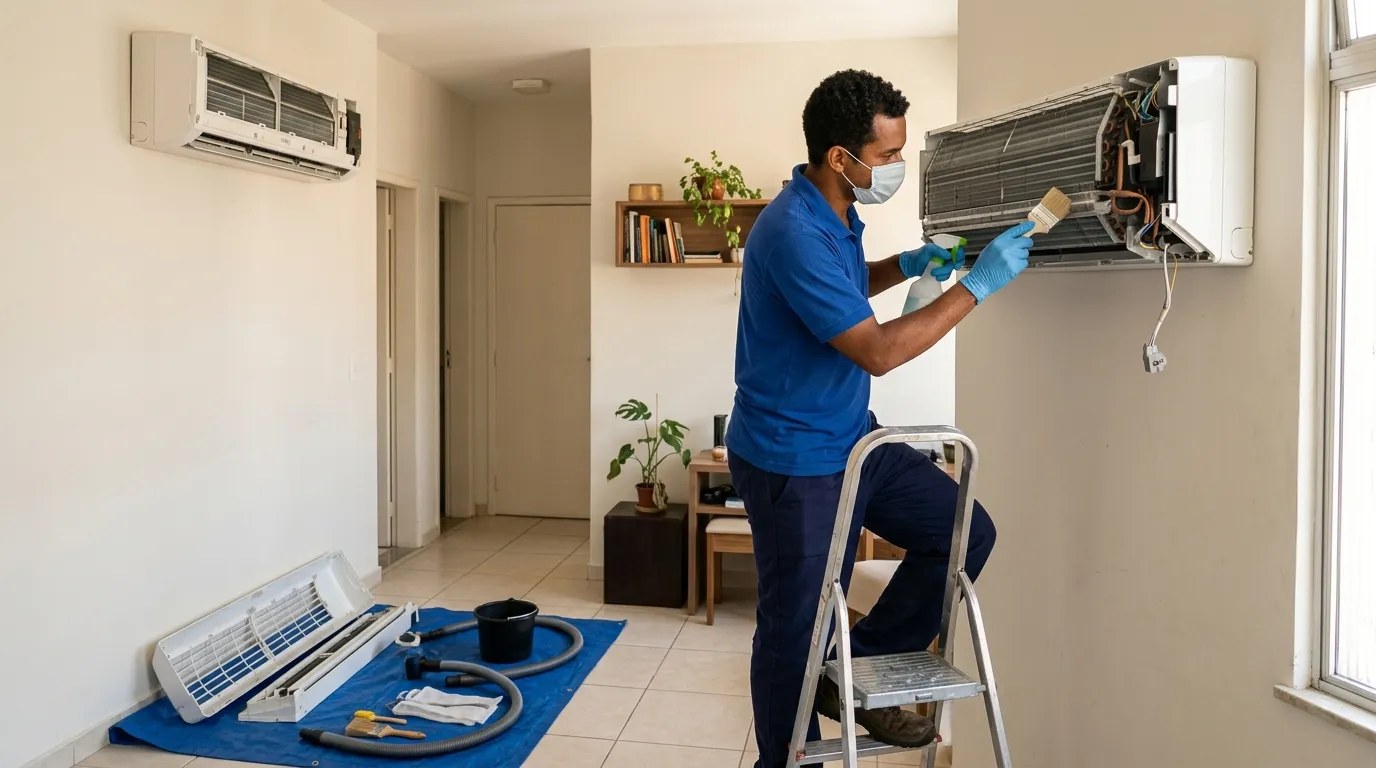 Técnico fazendo manutenção de ar-condicionado split em Zona Sul de São Paulo‑SP