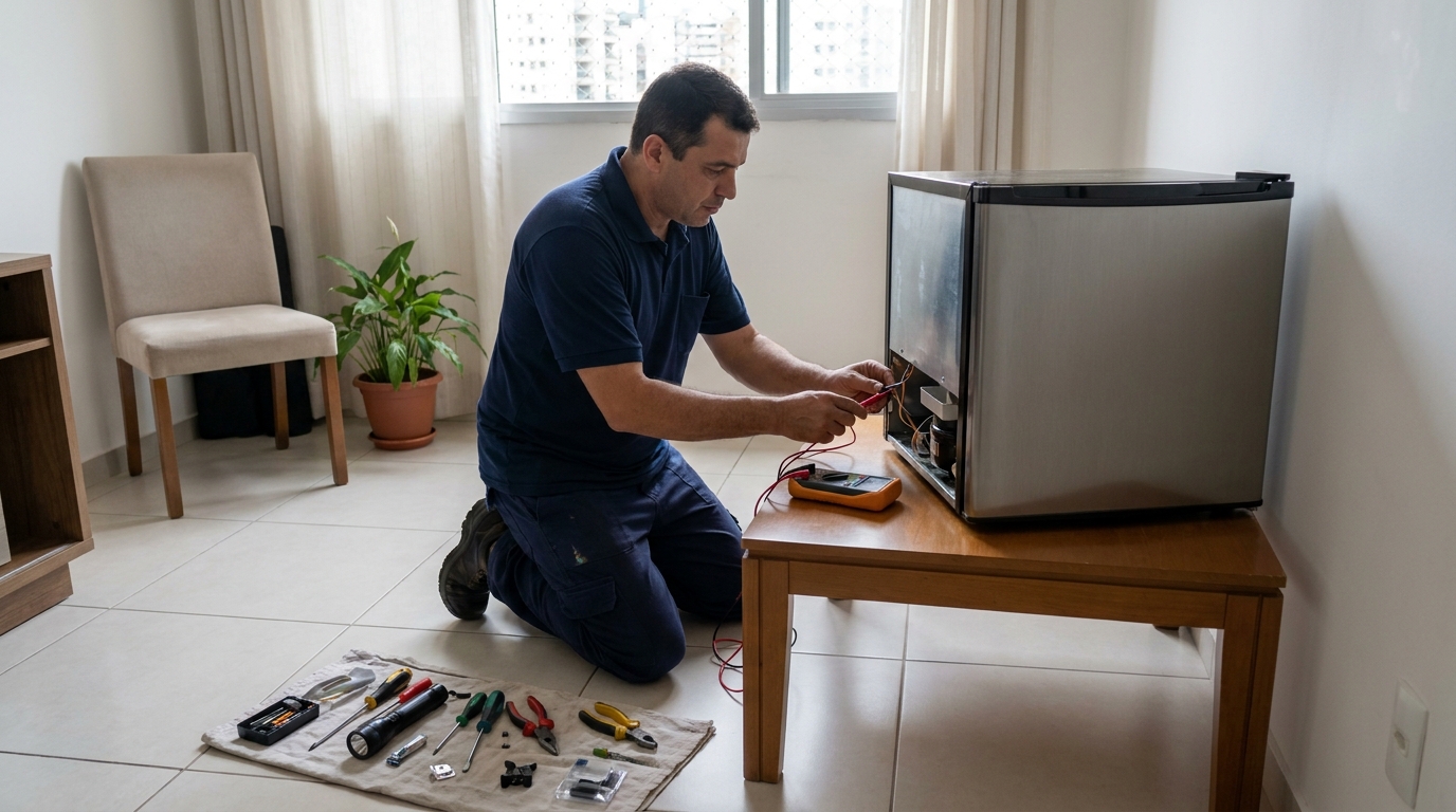 Técnico avaliando um frigobar compacto durante atendimento na Zona Sul de São Paulo‑SP